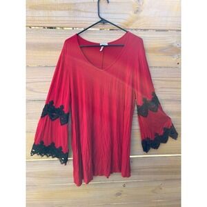 Spin USA Red V-Neck Tunic Top Black Crochet Lace Bell Sleeve Plus Size 3XL